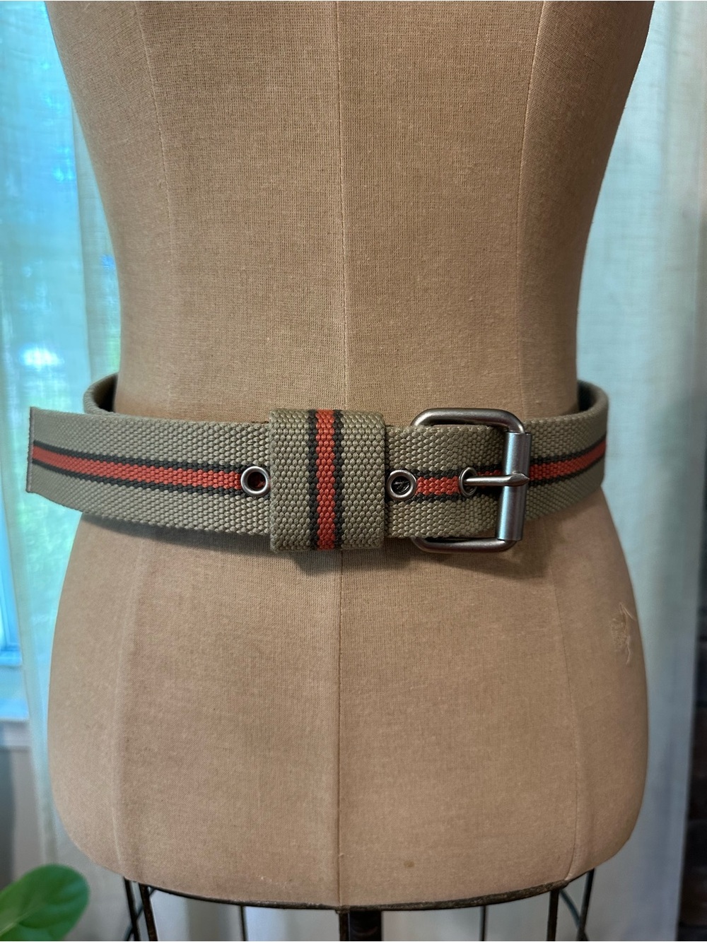 Mexx Olive Canvas Web Belt with Red-Black Stripe
